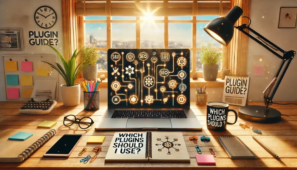 Creative workspace with a laptop and phone displaying plugin icons, illustrating the question "Which plugins should I use?